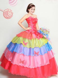 Romantic Multi-color Strapless Neckline Appliques and Ruffled Layers Vestidos de Quinceanera Sleeveless Lace Up