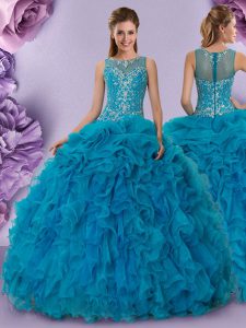 Admirable Teal Ball Gowns Organza Scoop Sleeveless Beading and Ruffles Floor Length Zipper Sweet 16 Quinceanera Dress
