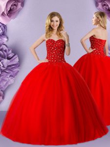 Sleeveless Tulle Floor Length Lace Up 15 Quinceanera Dress in Red with Beading