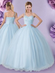 Stunning One Shoulder Light Blue Lace Up Sweet 16 Dress Appliques Sleeveless Floor Length