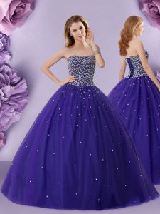 Captivating Sleeveless Tulle Floor Length Lace Up Quinceanera Gown in Purple with Beading