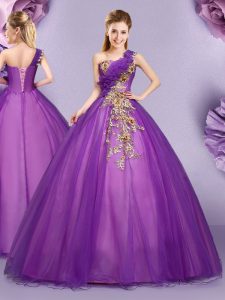 Fabulous Purple Sweet 16 Dress Military Ball and Sweet 16 and Quinceanera and For with Appliques and Ruffles One Shoulde