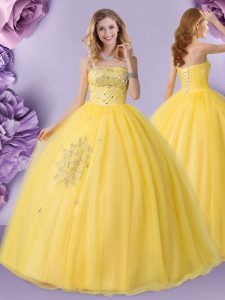 Captivating Gold Lace Up Strapless Beading Quince Ball Gowns Tulle Sleeveless