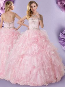 Baby Pink Organza Lace Up Quince Ball Gowns Sleeveless Floor Length Beading and Ruffles