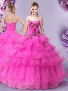 Superior Sleeveless Appliques and Ruffled Layers and Hand Made Flower Lace Up Sweet 16 Quinceanera Dress