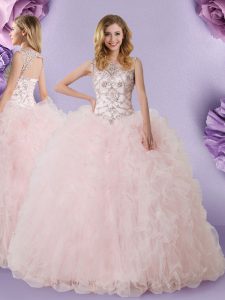 Chic Scoop Floor Length Baby Pink Sweet 16 Quinceanera Dress Tulle Sleeveless Lace