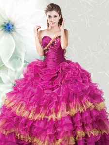 Ruffled Floor Length Ball Gowns Sleeveless Fuchsia Quince Ball Gowns Lace Up
