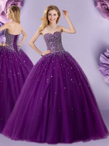 Free and Easy Dark Purple Ball Gowns Sweetheart Sleeveless Tulle Floor Length Lace Up Beading Quinceanera Gown