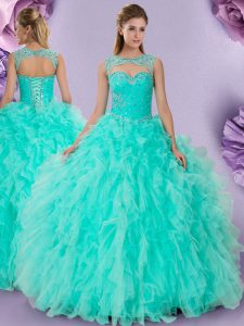 Colorful Apple Green Tulle Lace Up Scoop Sleeveless Floor Length 15 Quinceanera Dress Beading and Ruffles