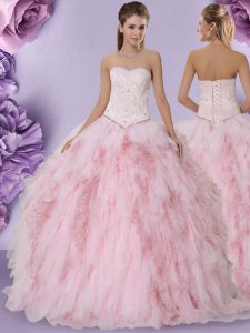 Free and Easy Beading and Lace and Ruffles Ball Gown Prom Dress Baby Pink Lace Up Sleeveless Floor Length