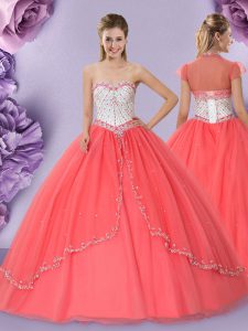 Super Sweetheart Sleeveless Tulle 15th Birthday Dress Beading Lace Up