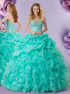 Turquoise Organza Lace Up Sweetheart Sleeveless Floor Length Quinceanera Gowns Beading and Ruffles and Pick Ups