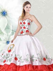 Shining Sleeveless Organza and Taffeta Floor Length Lace Up Quinceanera Dresses in White and Red with Embroidery and Ruf