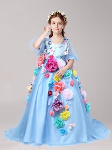 Extravagant Half Sleeves With Train Hand Made Flower Zipper Toddler Flower Girl Dress with Baby Blue Brush Train