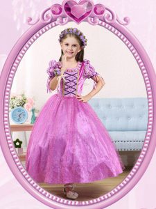 Excellent Scoop Ankle Length Ball Gowns Short Sleeves Lilac Flower Girl Dresses for Less Side Zipper