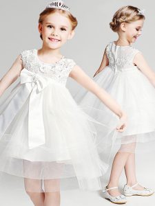 Beautiful Scoop Knee Length Zipper Flower Girl Dress White for Party and Quinceanera and Wedding Party with Appliques an