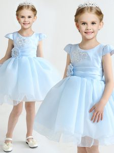 Classical Light Blue Scoop Neckline Appliques and Bowknot and Hand Made Flower Flower Girl Dress Cap Sleeves Zipper