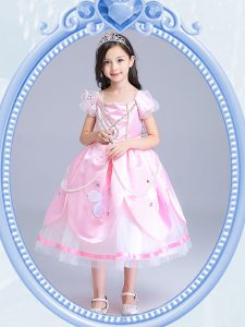 Baby Pink Ball Gowns Square Short Sleeves Taffeta and Tulle Tea Length Zipper Beading and Appliques Toddler Flower Girl 