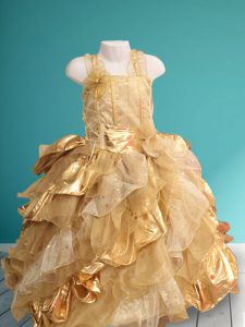 Custom Designed Gold Lace Up Straps Ruffles and Sequins and Hand Made Flower Flower Girl Dress Organza Sleeveless