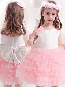 Scoop Pink And White Ball Gowns Ruffled Layers and Bowknot and Hand Made Flower Toddler Flower Girl Dress Side Zipper Tu