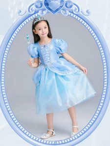 Captivating Square Light Blue Short Sleeves Beading Tea Length Flower Girl Dresses