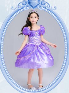 Ball Gowns Flower Girl Dress Lavender Square Organza Short Sleeves Knee Length Side Zipper
