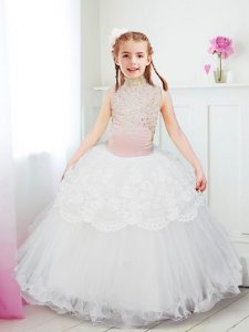 Trendy White Tulle Zipper Halter Top Sleeveless Floor Length Flower Girl Dresses for Less Beading and Lace