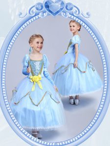 Ideal Scoop Short Sleeves Tea Length Side Zipper Flower Girl Dress Light Blue for Party and Quinceanera and Wedding Part