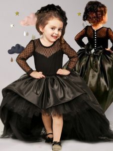 Cute Black Ball Gowns Scoop Long Sleeves Taffeta and Tulle With Brush Train Clasp Handle Bowknot Toddler Flower Girl Dre