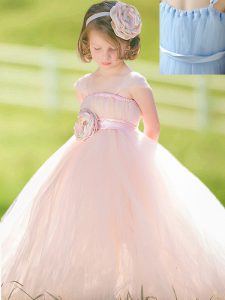 Adorable Baby Pink Zipper Straps Bowknot and Hand Made Flower Flower Girl Dresses Tulle Sleeveless