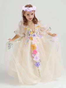 Champagne Flower Girl Dresses Party and Quinceanera and Wedding Party and For with Appliques and Hand Made Flower V-neck