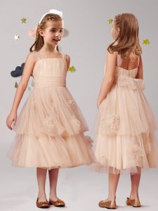 Straps Champagne Sleeveless Tulle Zipper Flower Girl Dress for Party and Quinceanera and Wedding Party