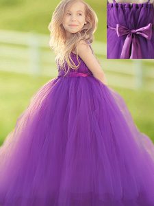 Straps Eggplant Purple Ball Gowns Bowknot and Hand Made Flower Flower Girl Dress Zipper Tulle Sleeveless Floor Length