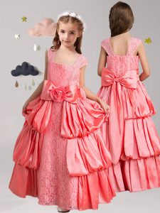 Watermelon Red Zipper Straps Pick Ups and Bowknot and Hand Made Flower Flower Girl Dress Taffeta and Lace Cap Sleeves
