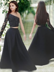One Shoulder Floor Length Black Flower Girl Dress Satin Long Sleeves Lace