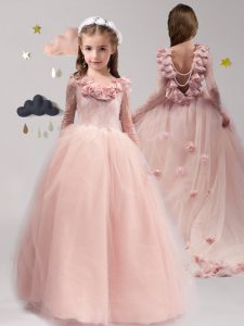 Pink Tulle Backless Scoop Long Sleeves With Train Toddler Flower Girl Dress Brush Train Lace and Appliques and Ruffles