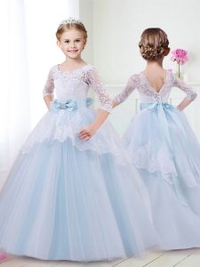 Light Blue Scoop Lace Up Lace and Bowknot Flower Girl Dresses Brush Train Half Sleeves
