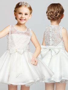 Scoop Sleeveless Mini Length Lace and Bowknot Clasp Handle Flower Girl Dress with White