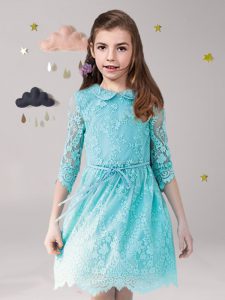 Pretty Aqua Blue Scoop Zipper Lace and Sashes ribbons Toddler Flower Girl Dress 3 4 Length Sleeve