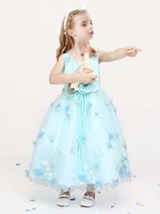 Spectacular Light Blue Toddler Flower Girl Dress Party and Quinceanera and Wedding Party and For with Appliques and Bowk