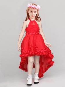Halter Top High Low A-line Sleeveless Red Flower Girl Dress Zipper