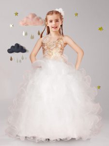 Beauteous Halter Top Sleeveless Organza Flower Girl Dresses for Less Beading and Ruffles and Hand Made Flower Lace Up