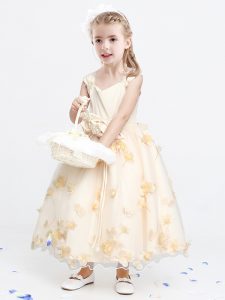 Wonderful Straps Sleeveless Toddler Flower Girl Dress Ankle Length Appliques and Bowknot and Hand Made Flower Champagne 