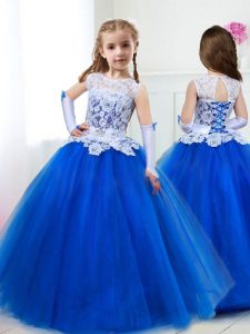 Vintage Scoop Royal Blue Tulle Lace Up Flower Girl Dress Sleeveless Floor Length Beading and Lace and Belt