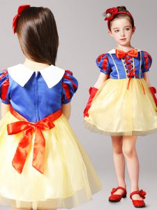 Blue and Yellow High-neck Zipper Bowknot Flower Girl Dresses Short Sleeves