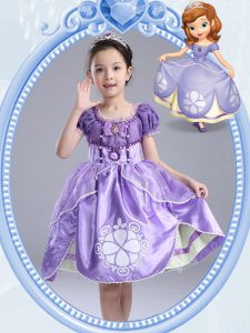 Free and Easy Lavender Taffeta Side Zipper Scoop Short Sleeves Knee Length Flower Girl Dresses Beading and Pattern and B