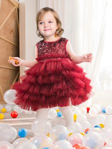 Suitable Scoop Sleeveless Flower Girl Dress Mini Length Ruffled Layers and Sequins Wine Red Tulle