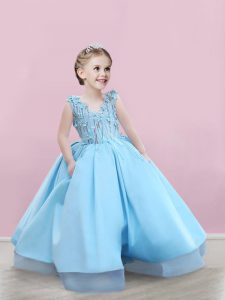 Floor Length Zipper Toddler Flower Girl Dress Baby Blue for Quinceanera and Wedding Party with Appliques