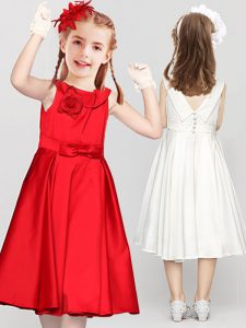 Scoop Red Sleeveless Tea Length Bowknot and Hand Made Flower Clasp Handle Toddler Flower Girl Dress