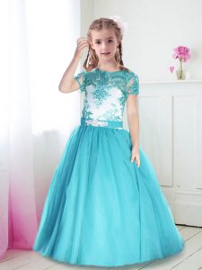 Nice Turquoise A-line Scoop Short Sleeves Tulle Floor Length Zipper Lace and Belt Flower Girl Dress